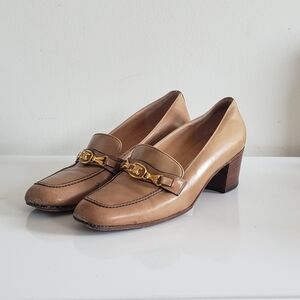 Celine Tan Leather Women's Heeled Loafer Pumps - Gold Arch De Triomphe